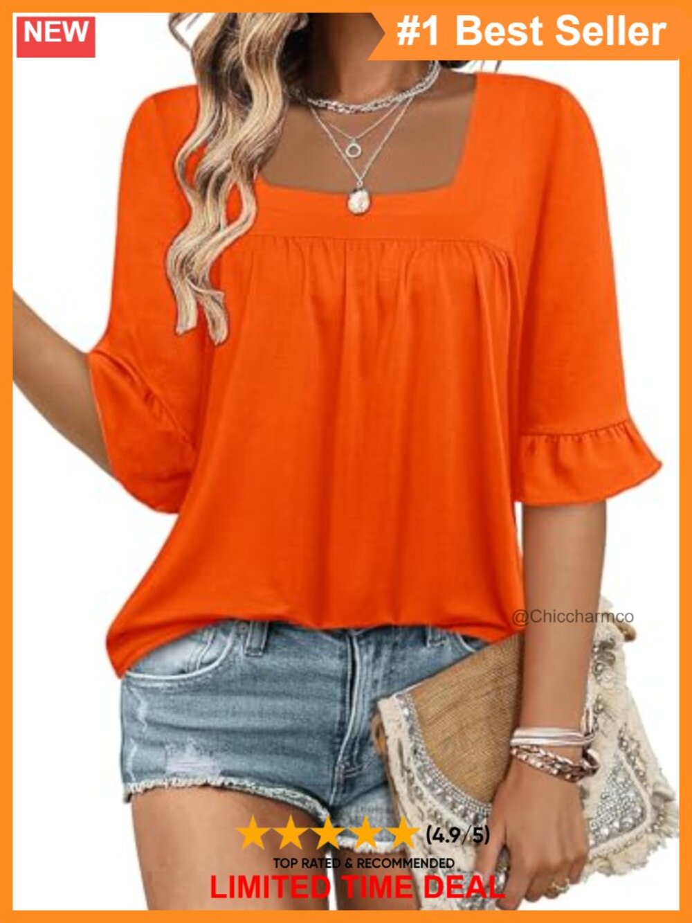 Square Neck Ruffle 3/4 Sleeve Tunic Top Ruched Pull On Blouse